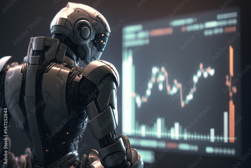 A robot looking on displayed on a graph typically shows the automation capabilities of the machine. Ai bot yhinking on stock market graph created with generative AI Technology. A robot looking on displayed on a graph typically shows the automation capabilities of the machine. Ai bot yhinking on stock market graph created with generative AI Technology.