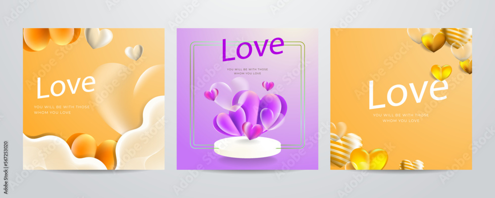 Orange, pink and white hearts with golden confetti on orange background. Vector illustration. Paper cut decorations for Valentine's day design