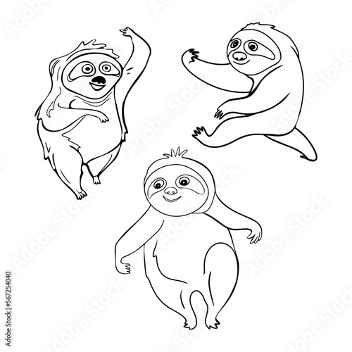 Antistress coloring page. Lazy sloths wild animal lies on branch, climbs trees or eats green leaves. Design elements for stickers, social networks. Isolated on white background.