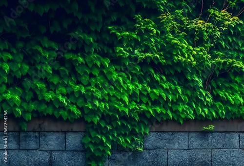 close-up of lush green foliage, such as leaves and branches, against a concrete wall (AI Generated)