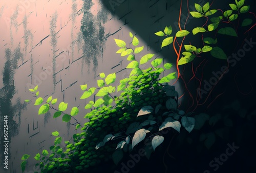 close-up of lush green foliage  such as leaves and branches  against a concrete wall  DIGITAL ART  AI Generated 