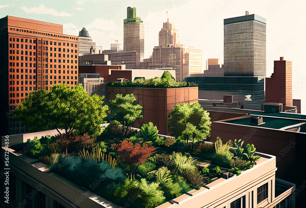 Fototapeta premium panoramic view of a rooftop garden with multiple levels, featuring a variety of green plants, shrubs and trees, set against a city skyline (AI Generated)