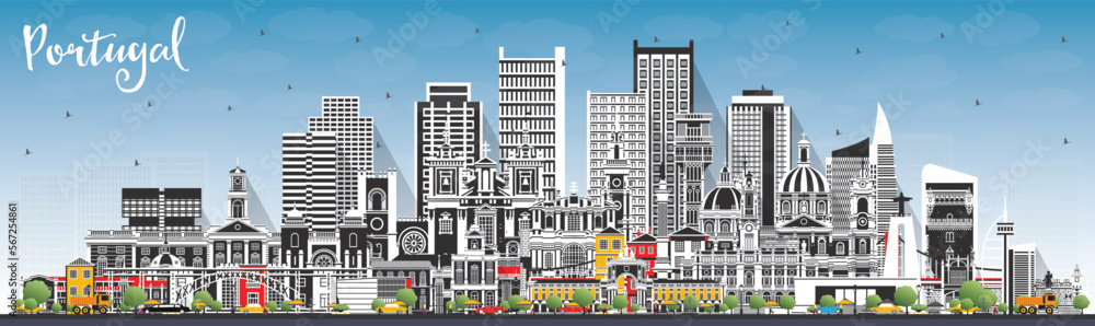 Portugal. City Skyline with Gray Buildings and Blue Sky. Vector Illustration. Concept with Modern and Historic Architecture. Portugal Cityscape with Landmarks.