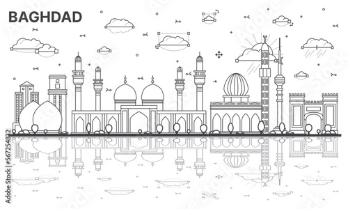 Outline Baghdad Iraq City Skyline with Historic Buildings and Reflections Isolated on White.