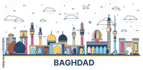 Outline Baghdad Iraq City Skyline with Colored Historic Buildings Isolated on White. Vector Illustration.