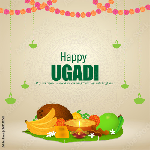 Vector illustration concept of Happy Ugadi Or Gudi Padwa wishes background