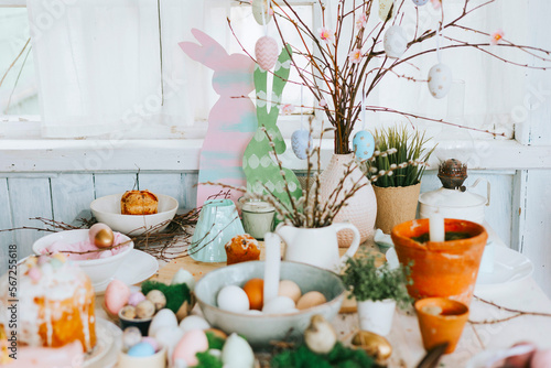 set table for Easter party, setting for celebration of Happy Easter in country house, spring, rustic style