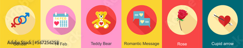 A set of 6 Valentine icons as gender, 14 feb, teddy bear