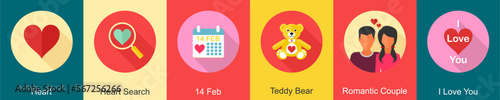A set of 6 Valentine icons as heart, heart search, 14 feb