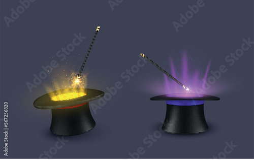 Focus wizard hat with magic wand circus magician trick sparkling light set realistic vector
