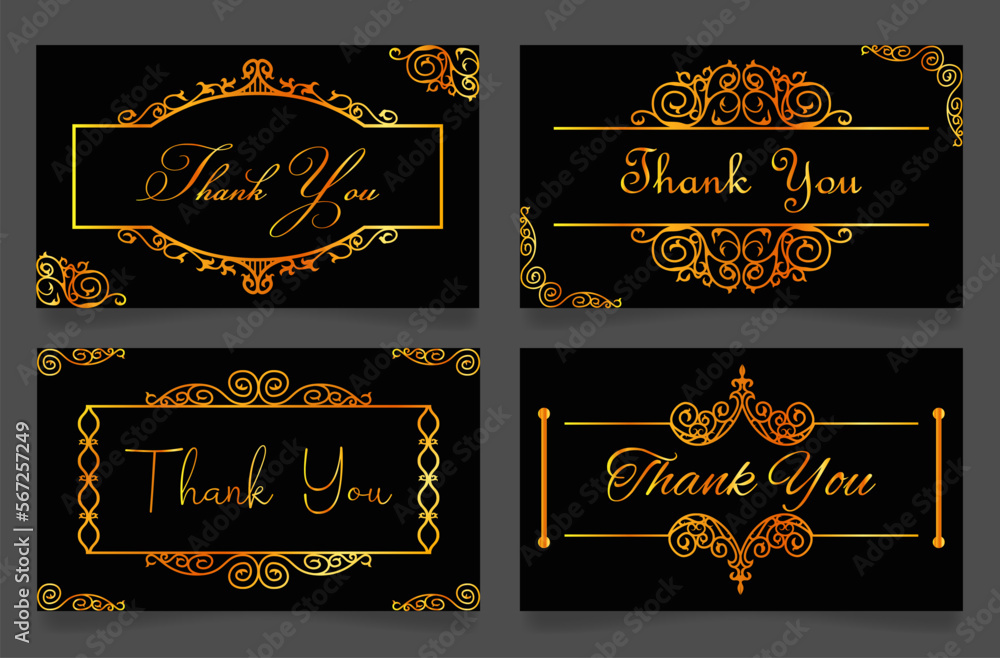 Thank you greeting card golden antique calligraphy template set vector illustration