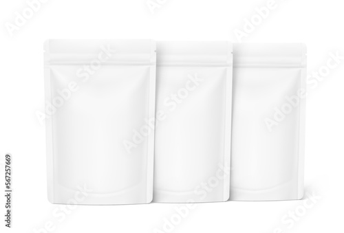 Three blank stand up pouch bags with zipper mockup. Vector illustration isolated on white background. Front view. Realistic mockup will perfectly convey the benefits of your product. EPS10.	