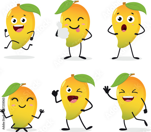 Set of Cute Mango cartoon, exotic fruit character isolated on white	