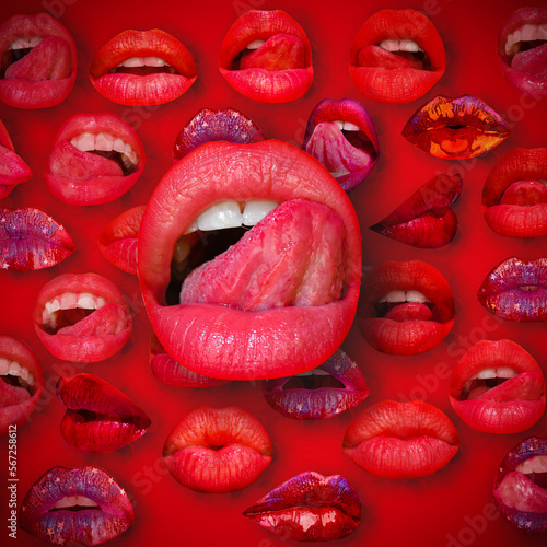 Sexy tongue licking sensual lips. Lips and mouth. Female lip in red background. Woman lips.