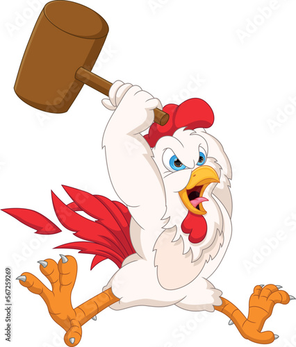 cartoon angry rooster with a wooden hammer
