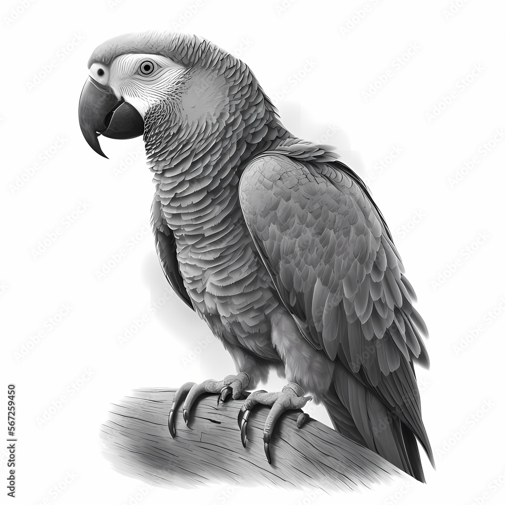 Fototapeta premium African Grey Parrot in front of a white background. Generative AI.