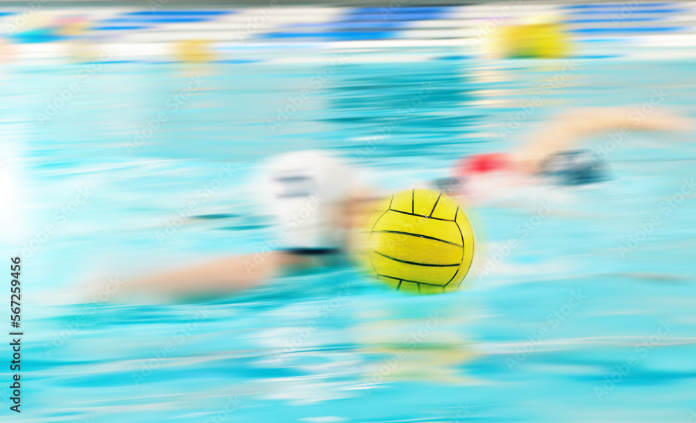 Water polo, speed and athlete in swimming pool training, exercise and fitness game in motion blurred background. Fast professional swimmer person with ball in competition, challenge stroke or action