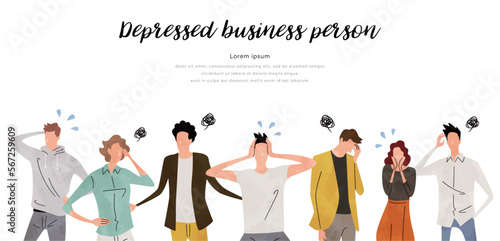 ベクターイラスト素材：思い悩む、困る人々、人物セット