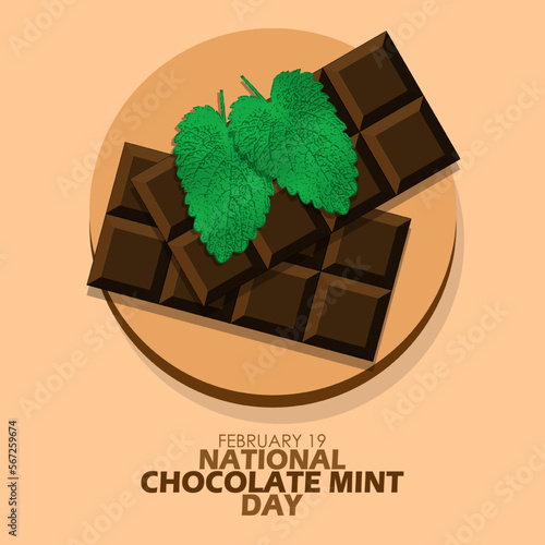 Two chocolate bars with mint leaves on a wooden plate and bold text on light brown background to celebrate National Chocolate Mint Day on February 19