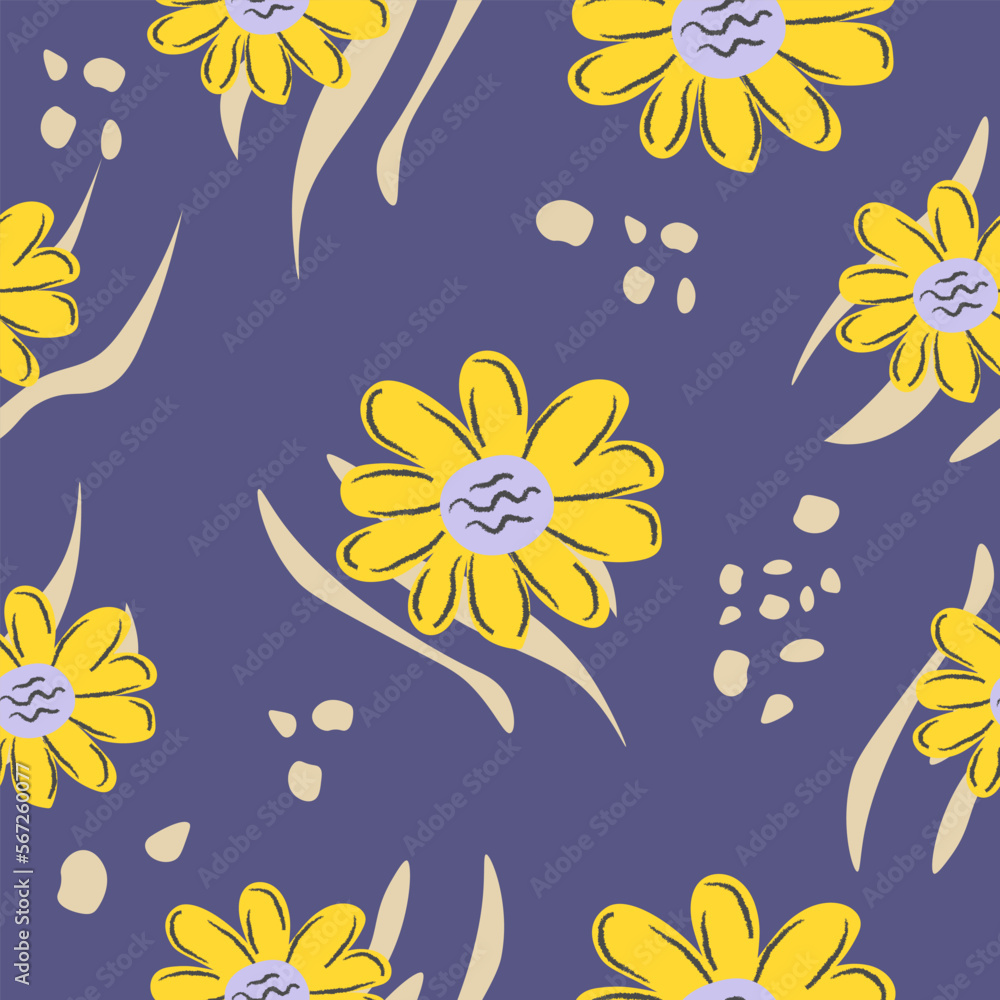 Floral seamless pattern with chamomile and abstract ornament. Suitable for fashion, wrapping paper, or background design