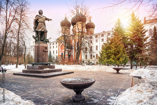 Intercession Cathedral and monument to Peter the Great, winter Izmailovsky park, Bauman town, Moscow