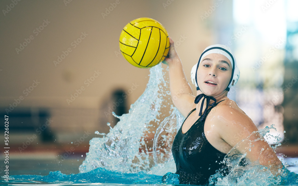 Water polo, cardio and portrait of a woman with a ball for a competition, game and training. Fitness, strong and athlete girl throwing with power, action and playing during a professional match