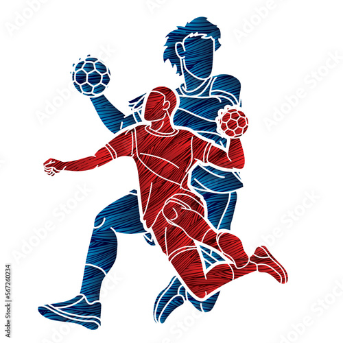 Handball Sport Male Players Mix Action Cartoon Graphic Vector