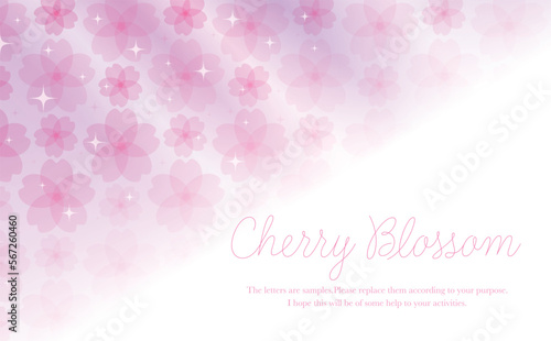 透明感のあるおしゃれな春の桜のグラデーションフレーム_ベクター素材_横長コピースペース_紫