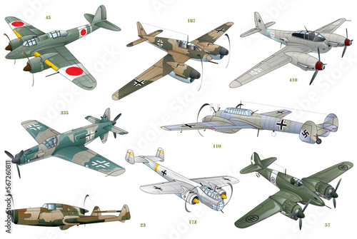 8 types of WW2 twin engine propeller fighter illustration from Germany, Japan, Italy air force. (vector. eps. png. jpeg)	