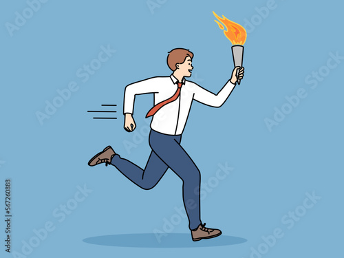 Positive business man runs with champion torch symbolizing professional record