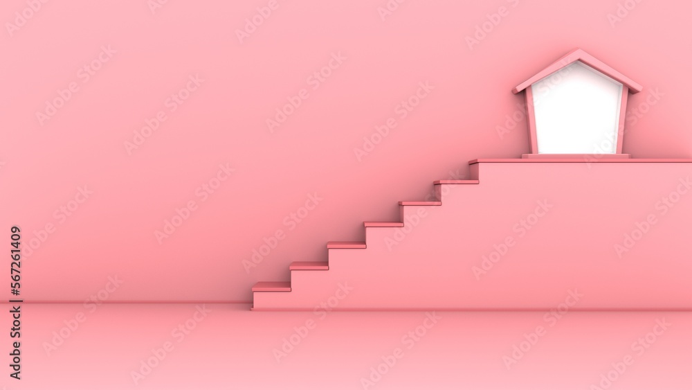 The stairway to the goal is a small house in pink background. 3d rendering The stairway to the goal is a small house in pink background. 3d rendering