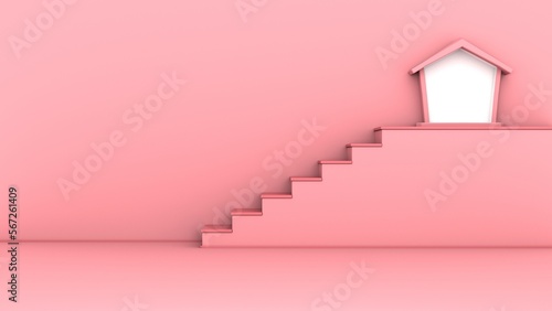 The stairway to the goal is a small house in pink background. 3d rendering