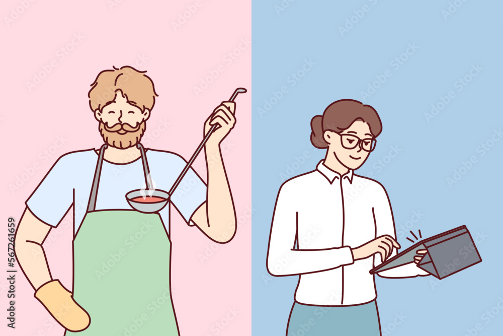 Brutal man preparing food for family while woman doing business or working in office. Girl secretary with tablet computer and bearded guy in apron with ladle of soup in hand