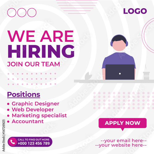 We are hiring, job position, promote, finding, recruiting, join our team, apply now, social media post design template vector, 