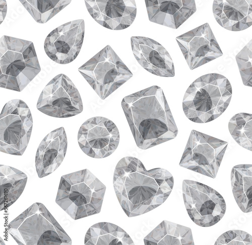 Pattern with gray crystals on a white background. Stones of various shapes. Jewelry.