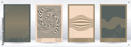 Geometrical Poster Design with Optical Illusion Effect. Modern Psychedelic Cover Page Collection. Pastel Wave Lines Background. Fluid Stripes Art. Swiss Design. Vector Illustration for Brochure.