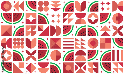 Modern pattern of red watermelon cut elements and simple geometric shapes. Minimalist abstract horizontal fruits poster, for decoration, banner, flyer design, cover, food or drink packaging print.