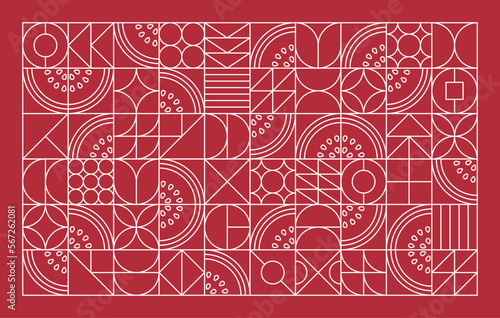 Abstract line art with watermelon fruit elements and various geometric shapes. Simple pattern of triangles, squares, circles. For backgrounds, posters, covers, prints for food or beverage packaging.