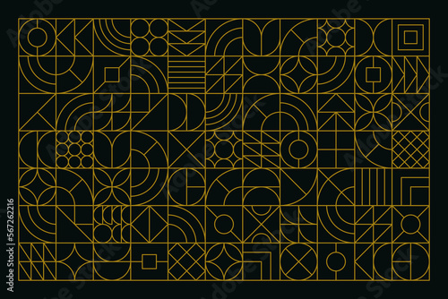 Vector geometric gold line art design on luxury black background. Futuristic or technology style abstract frame pattern. Creative design combination of simple shapes of triangle, square and circle.