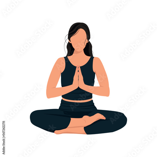 Girl in a lotus yoga pose. Young woman meditating. Vector illustration in a flat style. 