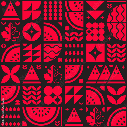 Abstract artwork of watermelon fruit pattern icon set. Simple flat vector art, illustration of cut watermelon symbols, leaves, seeds and various geometric shapes. Grocery silhouette, modern design.
