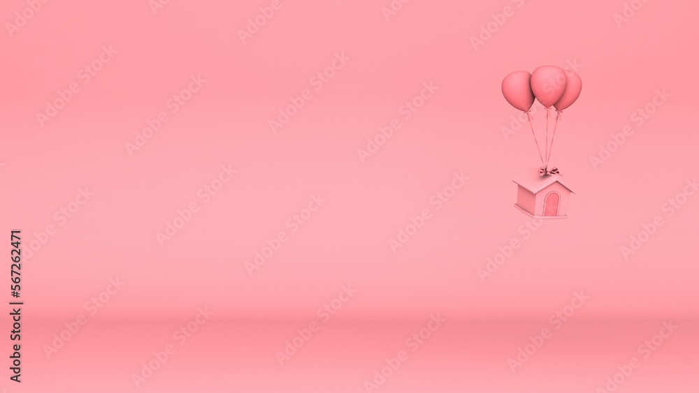 Balloon tied to a house floats in a pink background.