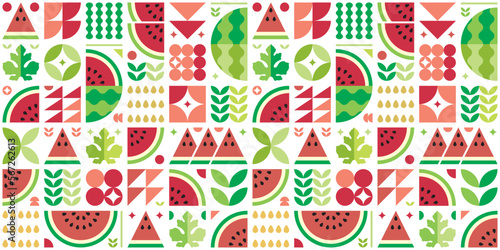 Red watermelon pattern artwork with geometric shape elements. Colorful summer poster design. Scandinavian style abstract vector. Illustration of watermelon slices, seeds, rind, leaves, and flowers.