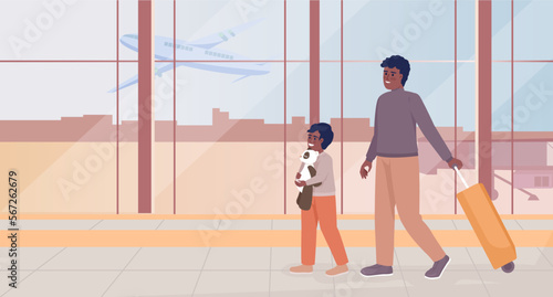 Arrive at airport for flight flat color vector illustration. Small boy with toy and father with valise walking. Fully editable 2D simple cartoon characters with airport terminal interior on background