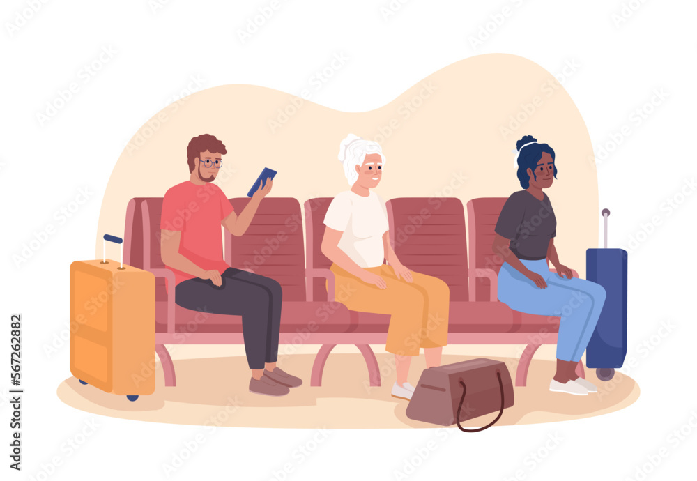 Waiting at station for bus and train arrival 2D vector isolated illustration. Passengers with baggage flat characters on cartoon background. Colorful editable scene for mobile, website, presentation