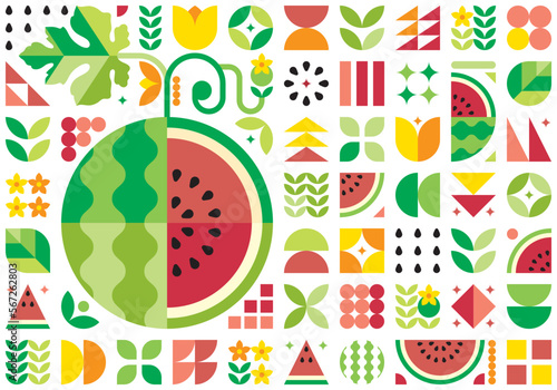 Red watermelon pattern artwork with geometric shape elements. Colorful summer poster design. Scandinavian style abstract vector. Illustration of watermelon slices, seeds, rind, leaves, and flowers.
