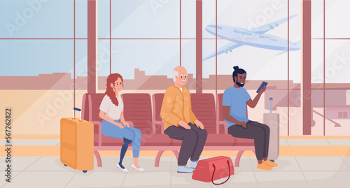 Waiting for plane departure and arrival flat color vector illustration. Passengers sitting in chairs. Fully editable 2D simple cartoon characters with airport terminal interior on background