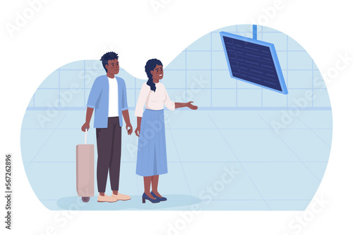 Checking timetable at airport 2D vector isolated illustration. Couple going on honeymoon trip flat characters on cartoon background. Colorful editable scene for mobile, website, presentation