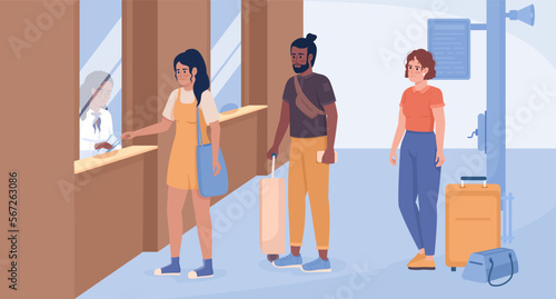 Buying tickets for bus and train flat color vector illustration. Passengers with bags waiting in line. Fully editable 2D simple cartoon characters with airport terminal interior on background