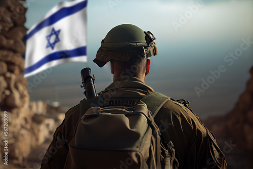 Patriotic Israeli Soldier with Flag Back View. Military. Patriotism. Honor. Respect. Stars and Stripes. Service. Pride. Duty. Sacrifice photo